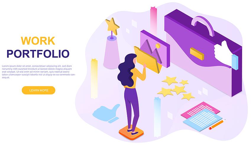 Work portfolio concept. Girl compiles list of her best works. Freelancer adds image to folder. Concept for website template landing homepage. 3d vector illustration isolated on white background